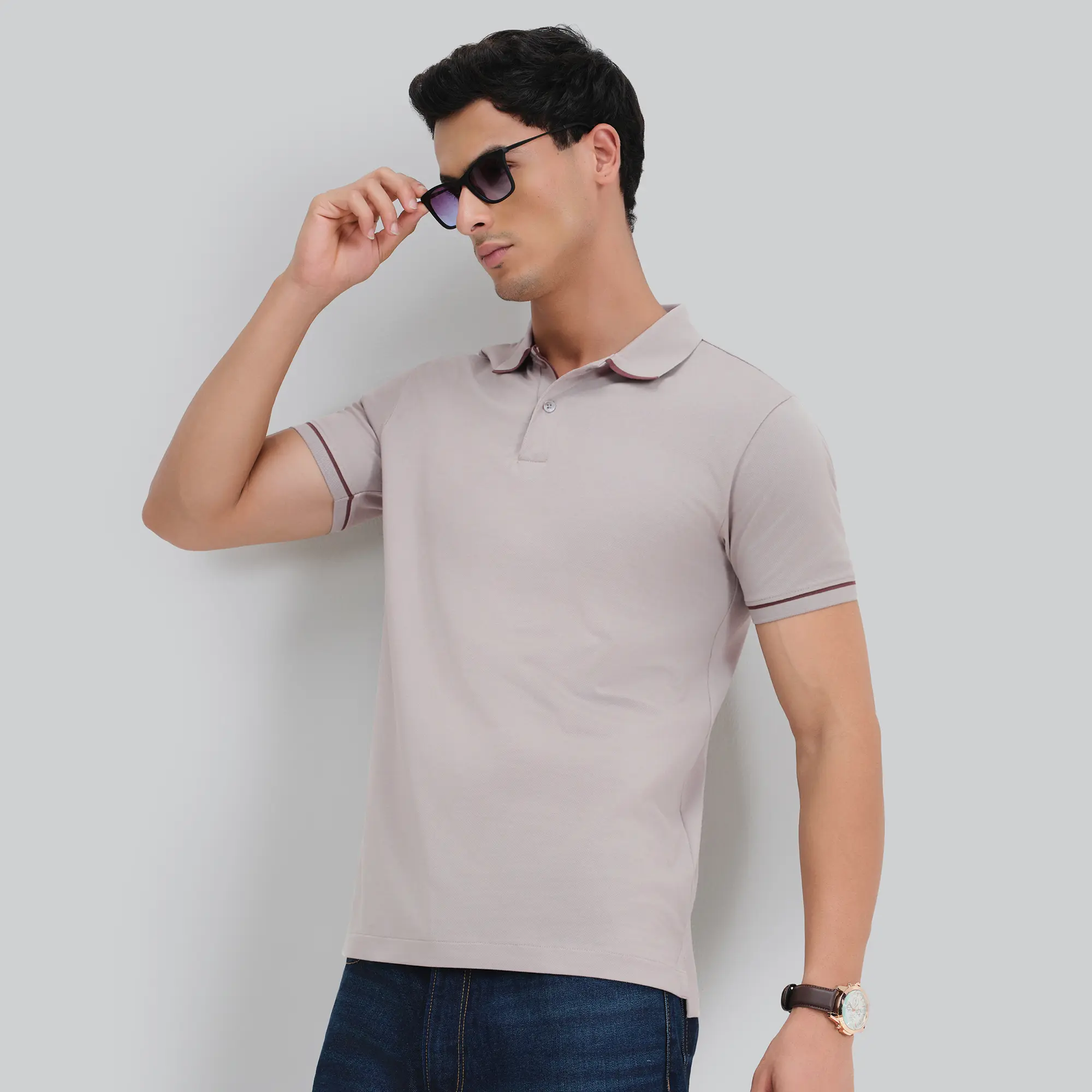 Pique Polo T-shirt - Warm Grey - Image 4