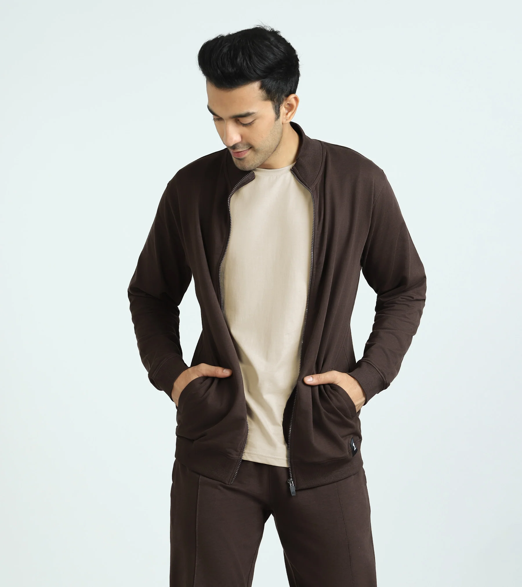 Cruze French Terry Cotton Zip-Up Jacket and Joggers Co-Ord Set Malt Brown - Image 3