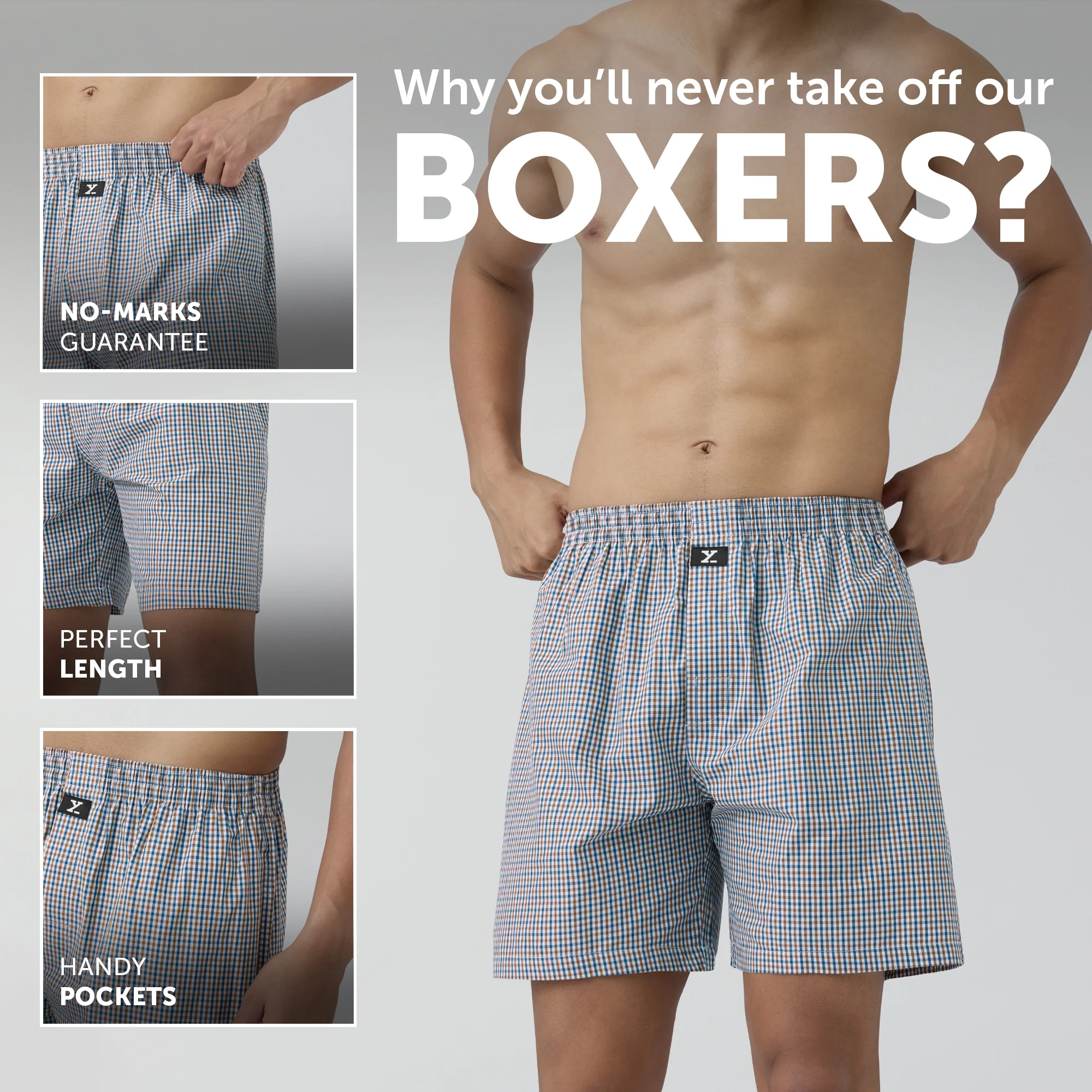 Checkmate Combed Cotton Boxer Shorts Sandy Grey - Image 2
